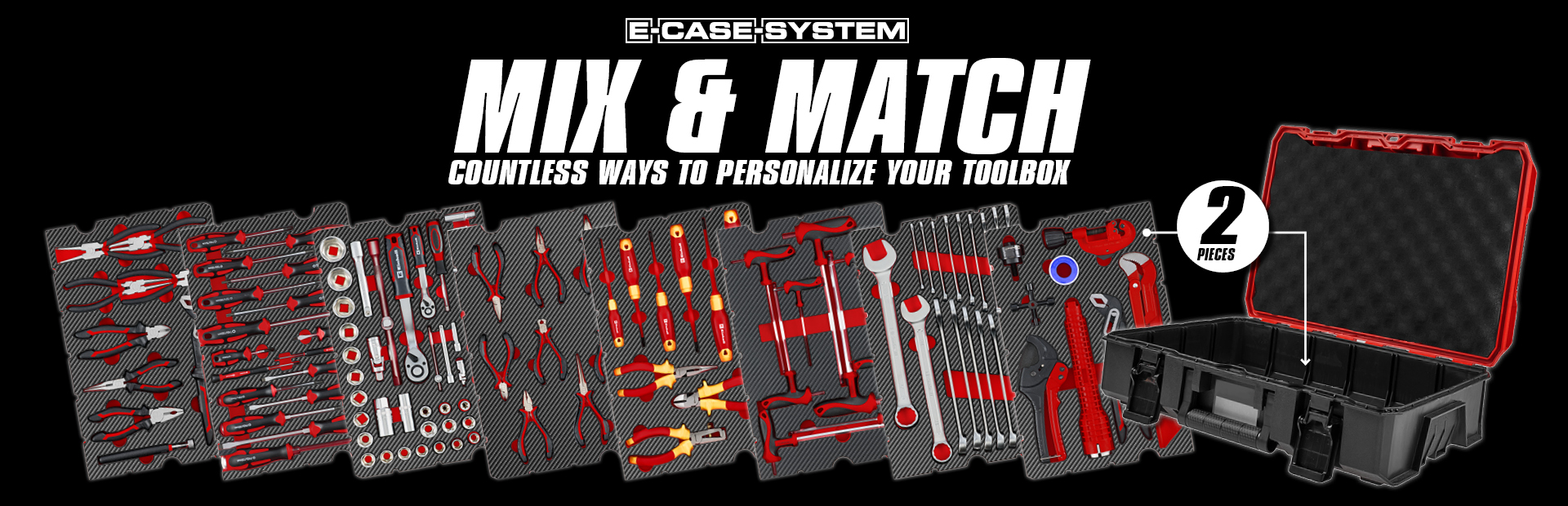 Open tool case with interchangeable foam inserts containing various hand tools like pliers, screwdrivers, and socket wrenches; promotional text reads “Mix & Match – Endless possibilities to customize your case.”