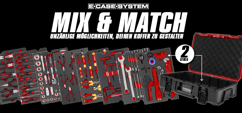 Offener Werkzeugkoffer mit austauschbaren Schaumeinsätzen, bestückt mit verschiedenen Handwerkzeugen wie Zangen, Schraubendrehern und Steckschlüsseln; Werbetext „Mix & Match – Unzählige Möglichkeiten, deinen Koffer zu gestalten“
