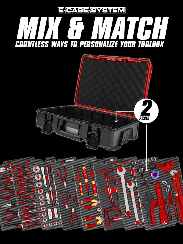 Open tool case with interchangeable foam inserts containing various hand tools like pliers, screwdrivers, and socket wrenches; promotional text reads “Mix & Match – Endless possibilities to customize your case.”