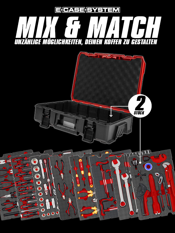 Offener Werkzeugkoffer mit austauschbaren Schaumeinsätzen, bestückt mit verschiedenen Handwerkzeugen wie Zangen, Schraubendrehern und Steckschlüsseln; Werbetext „Mix & Match – Unzählige Möglichkeiten, deinen Koffer zu gestalten“
