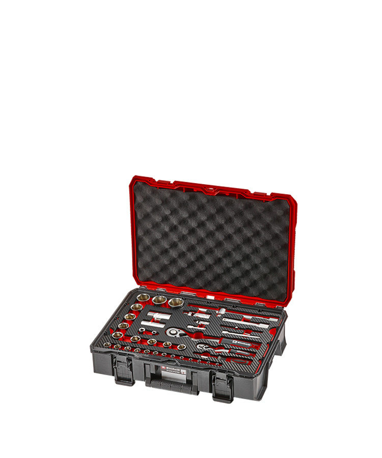 Opened, fully equipped Einhell E-Case tool case with neatly organized hand tools in a custom-fit insert and protective foam padding in the lid.