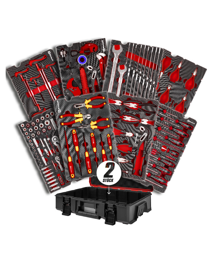 Several tool pads filled with different assortments of hand tools — including screwdrivers, pliers, sockets, hex keys, and more — are arranged fan-shaped above an Einhell E-Case.