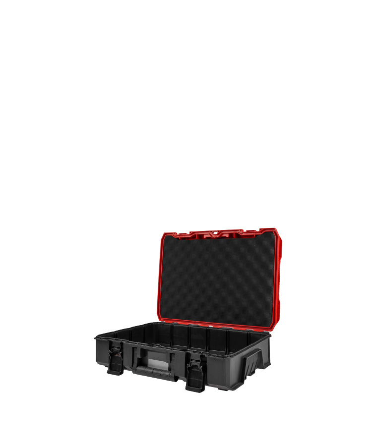 Opened Einhell E-Case toolbox in black with a red lid frame and protective foam insert. The sturdy tool case is shown against a white background.