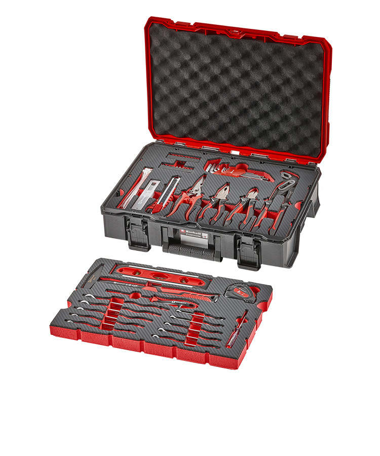 Opened Einhell E-Case tool case with an inserted tool pad and an additional pad placed in front of it. Both pads contain assorted hand tools, neatly organized in custom-fit inserts.