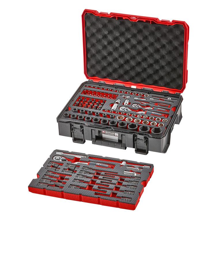 Opened Einhell E-Case tool case with an inserted tool pad and an additional pad placed in front of it. Both pads contain assorted hand tools, neatly organized in custom-fit inserts.