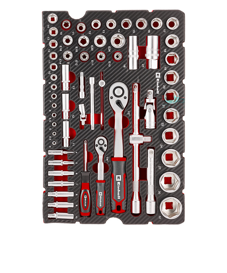 Tool pad containing an extensive socket set, including ratchets, extensions, bits, and numerous sockets, neatly arranged in a custom-fit foam insert.