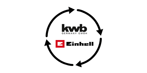 Circular graphic with black arrows connecting the logos of "kwb GERMANY GMBH" and "Einhell", indicating a partnership or cycle.