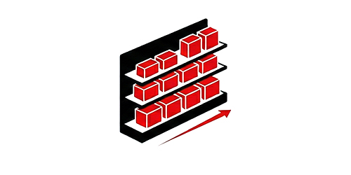 Icon showing a store shelf filled with red boxes and an upward arrow, symbolizing increased product availability or sales.