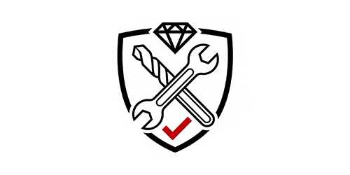 Shield icon with a diamond, crossed wrench and drill bit, and a red check mark, symbolizing tool quality and reliability.