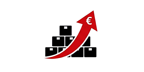 Icon of stacked boxes with a rising red arrow featuring a euro symbol, indicating increased sales or revenue.