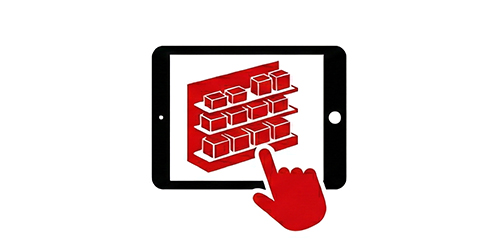 Icon of a tablet displaying shelves with red boxes and a red hand tapping the screen, symbolizing digital product selection or online inventory management.