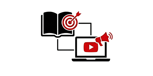 Icon showing a book with a target, a laptop with a YouTube symbol, and a megaphone, representing targeted content, e-learning, or multimedia marketing.
