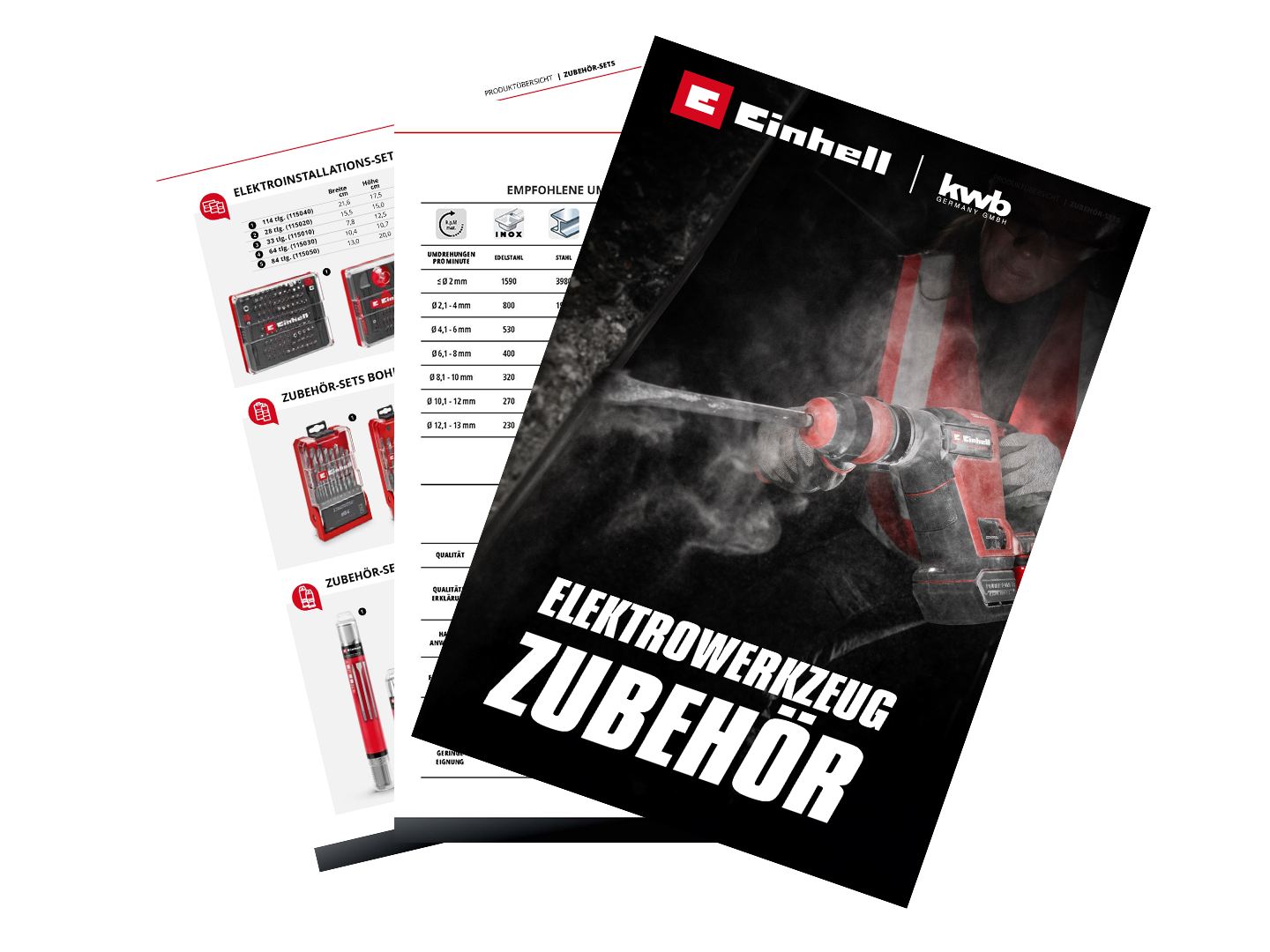 Zwei überlappende Produktkataloge von Einhell und kwb: Auf dem vorderen Cover ist ein Handwerker mit einem leistungsstarken Einhell-Bohrhammer zu sehen, umgeben von Staub. Der Titel lautet ‚ELEKTROWERKZEUGZUBEHÖR‘. Der dahinterliegende Katalog zeigt Produktübersichten und Zubehörsets.
