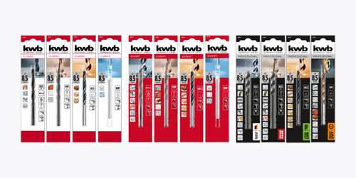 A row of various kwb jigsaw blade packages, arranged by application and material. The packaging comes in white, red, and black designs, showing different blade types and usage icons.
